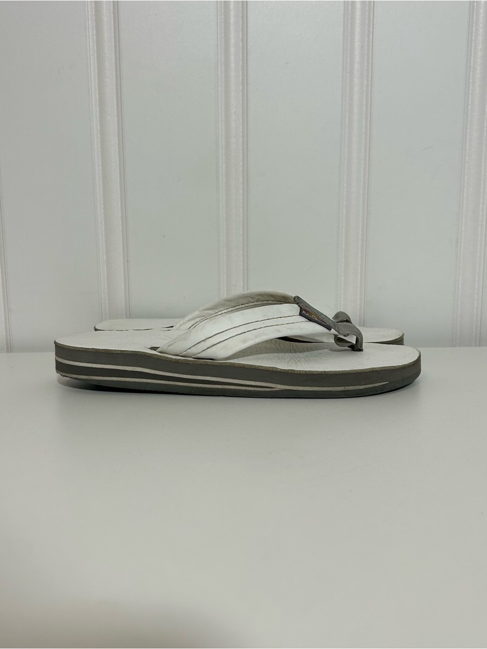 Rainbow white grey flip flop platform leather